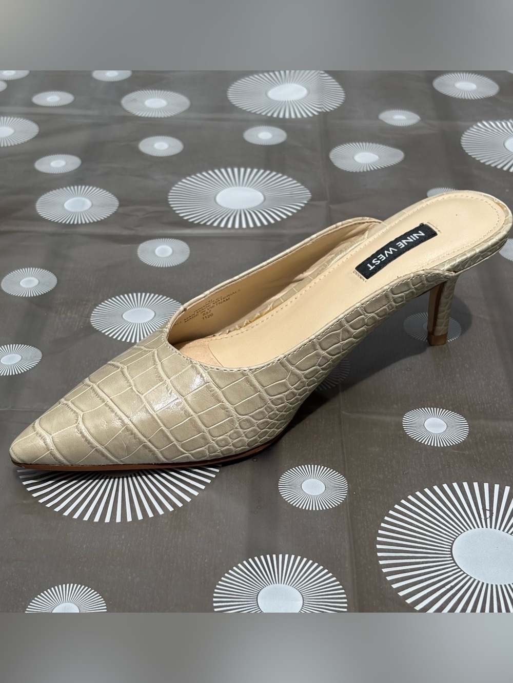 Nine West Taupe Croc-Embossed Angle Pointed Toe Slip-On Heeled Mules - Picture 13 of 16